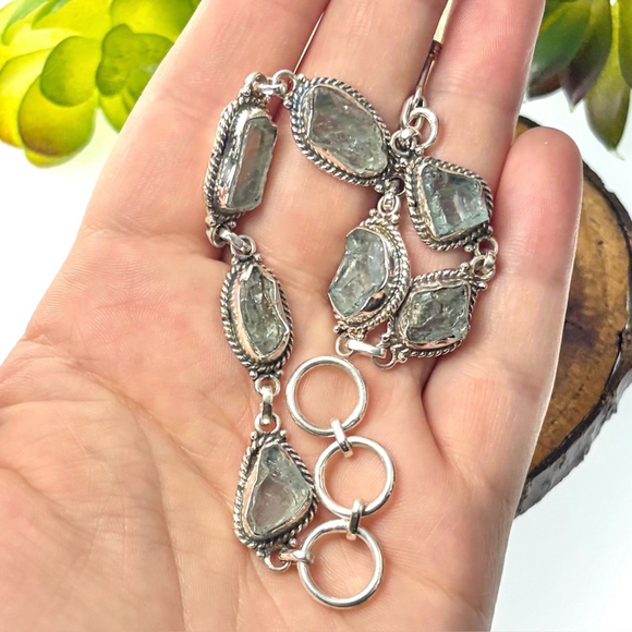 Raw Aquamarine Gemstone Bracelet Boho Southwest Vintage Style Handmade New 925 - Picture 3 of 5